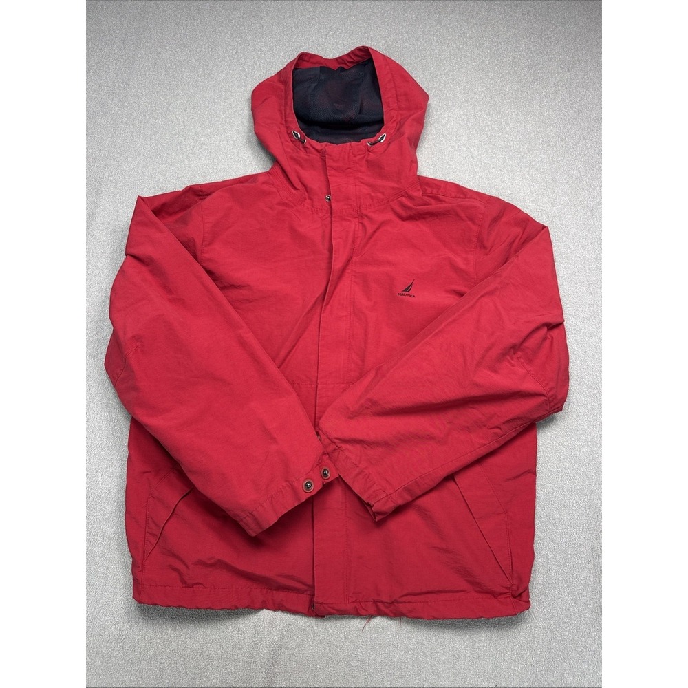 Nautica Y2K Red Hooded Windbreaker Jacket Woman's Size Small Mesh Lined Full Zip